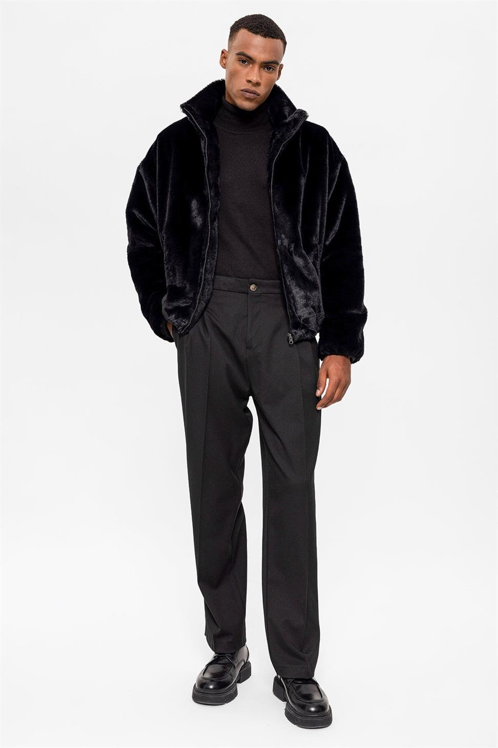 Antioch Siyah Erkek Dik Yaka Suni Kürk Mont