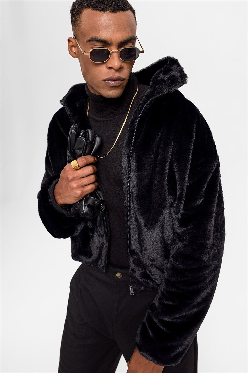 Antioch Siyah Erkek Dik Yaka Suni Kürk Mont
