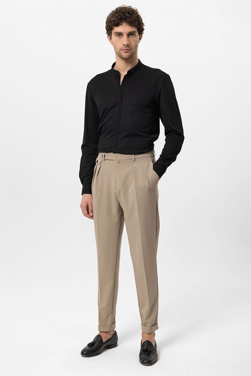 Antioch Siyah Erkek Hakim Yaka Gizli Düğme Uzun Kollu Slim Fit Gömlek