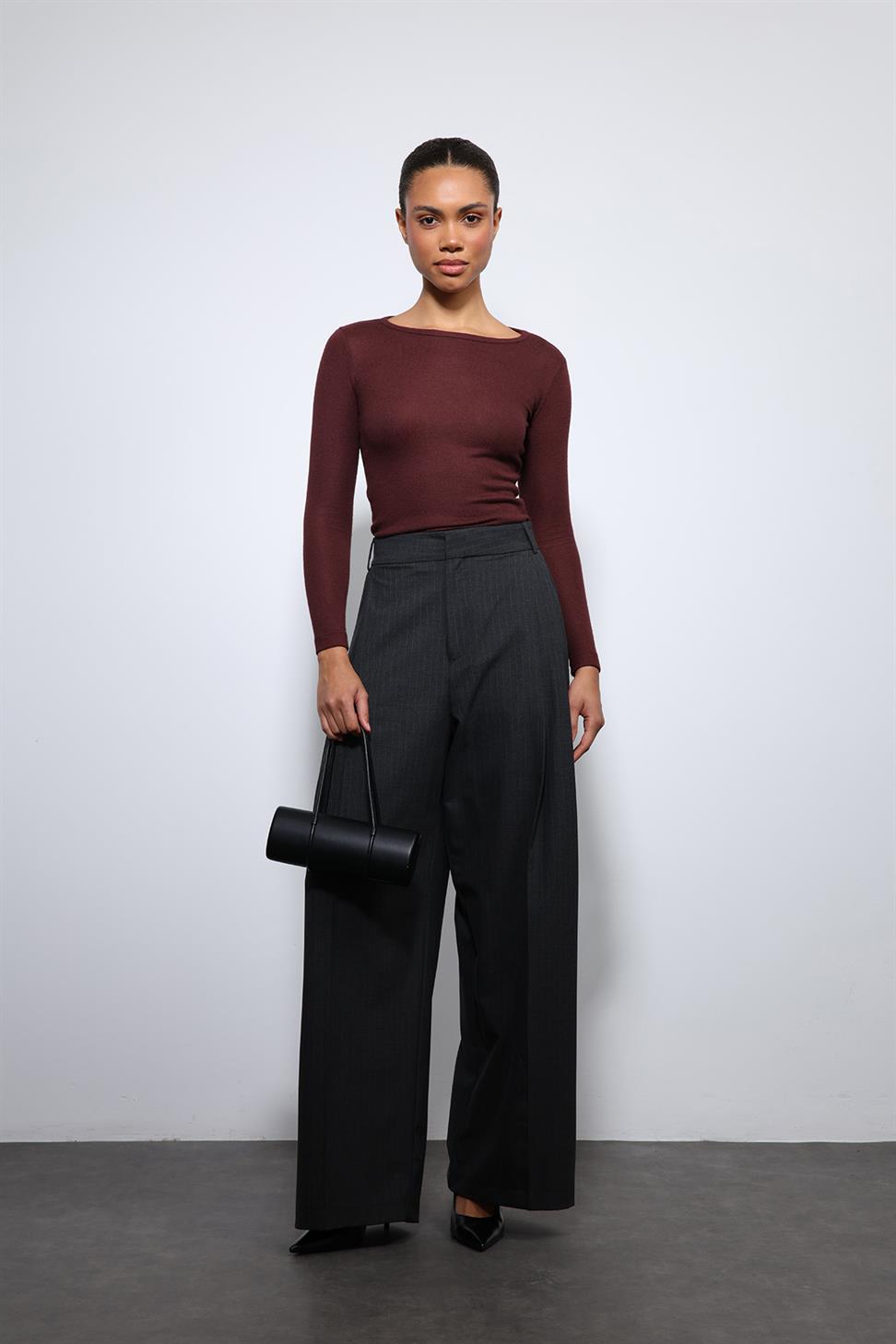 Antioch Füme Çizgili Geniş Paça Pantolon