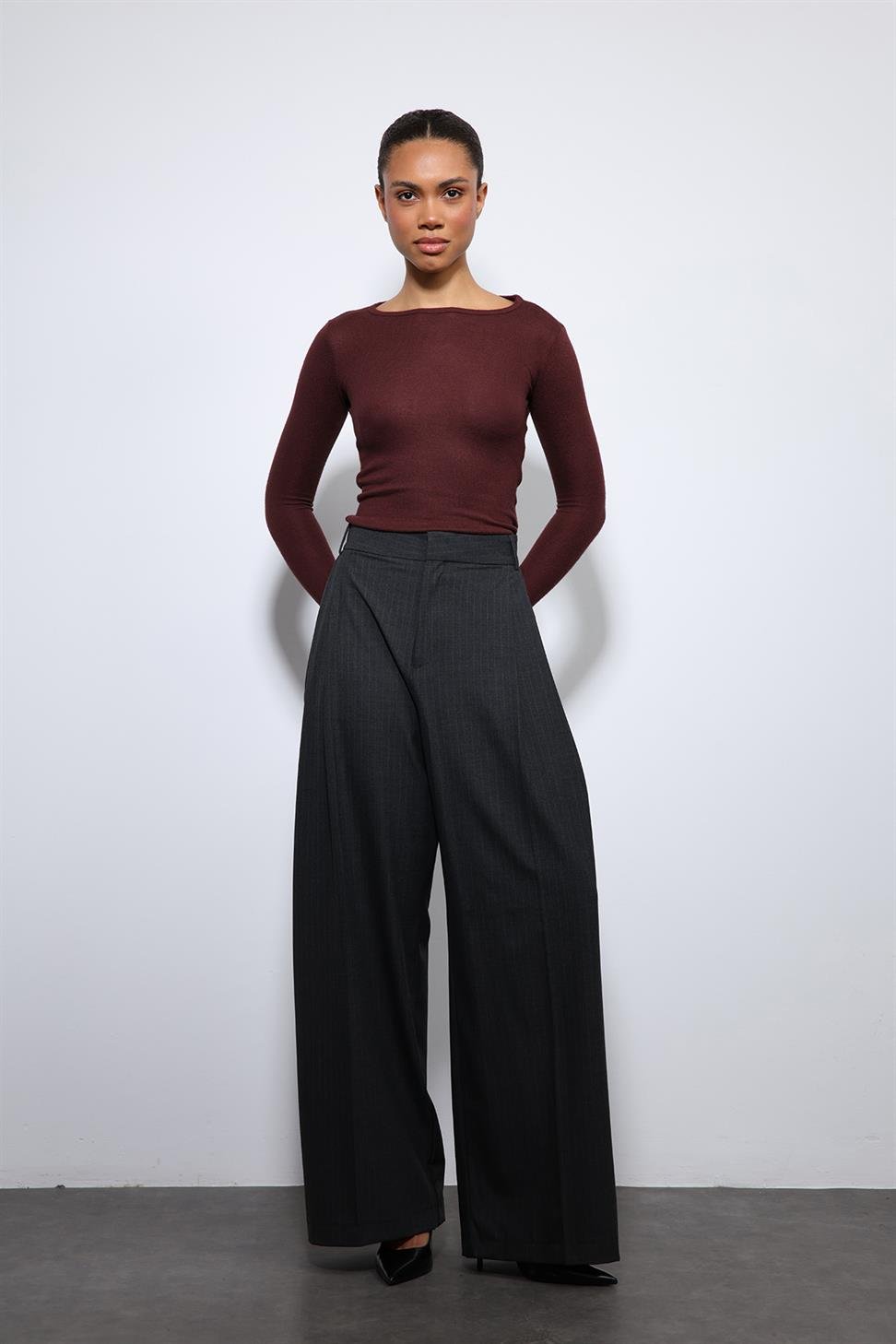 Antioch Füme Çizgili Geniş Paça Pantolon