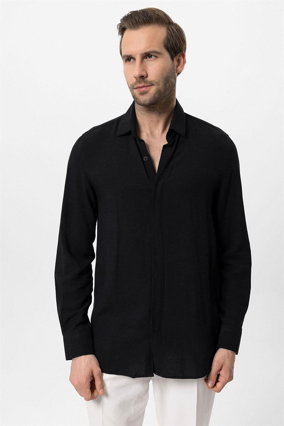 قميص رجالي بأزرار مخفية من خليط الكتان