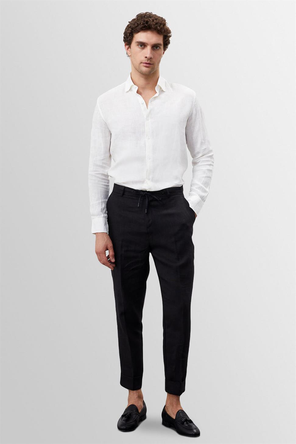 قميص رجالي من الكتان بنسبة 100% بأزرار الياقة