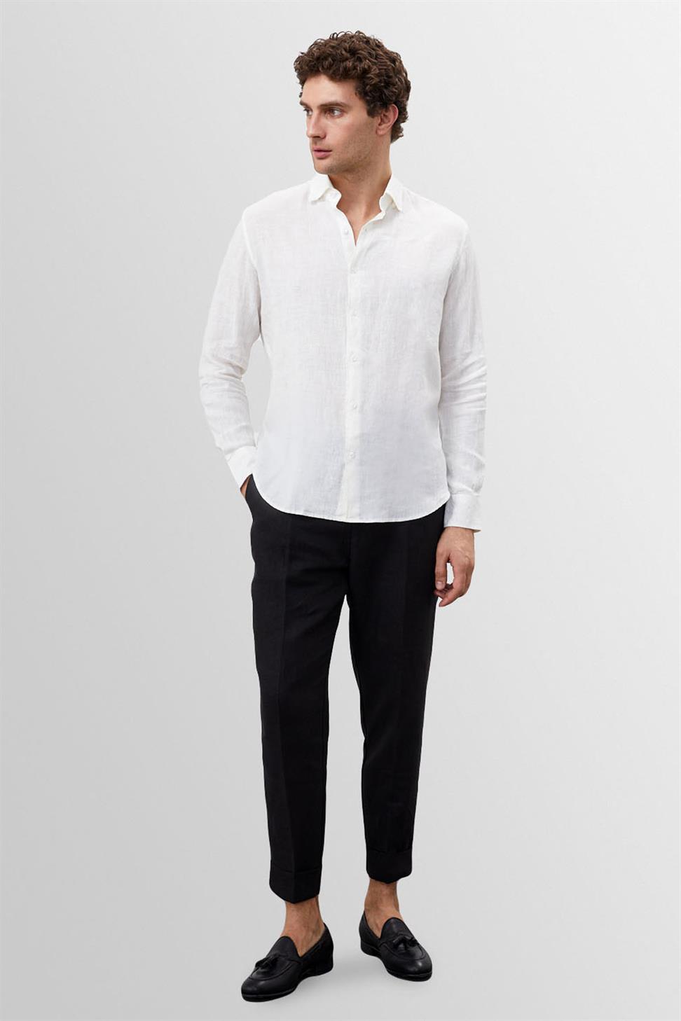 قميص رجالي من الكتان بنسبة 100% بأزرار الياقة