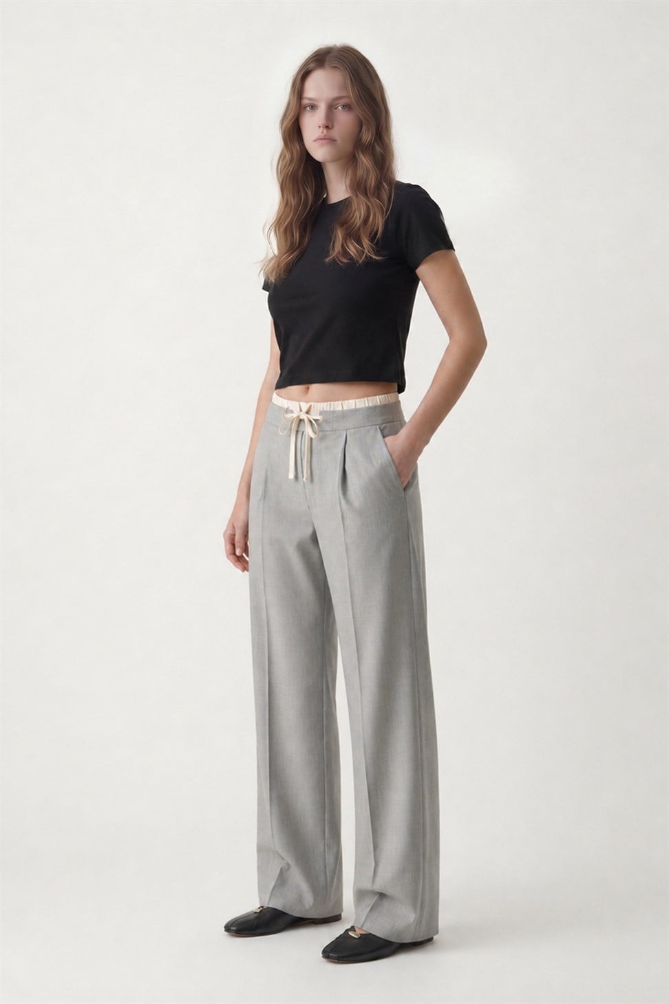 Antioch Gri Çift Bel Bantlı Kadın Pantolon