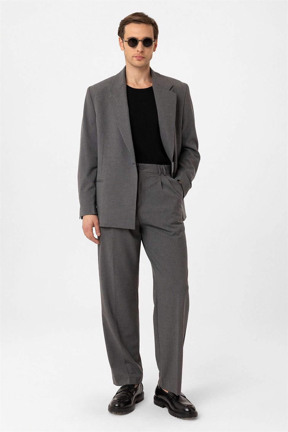 Antioch Gri Çift Pileli Baggy Fit Erkek Pantolon