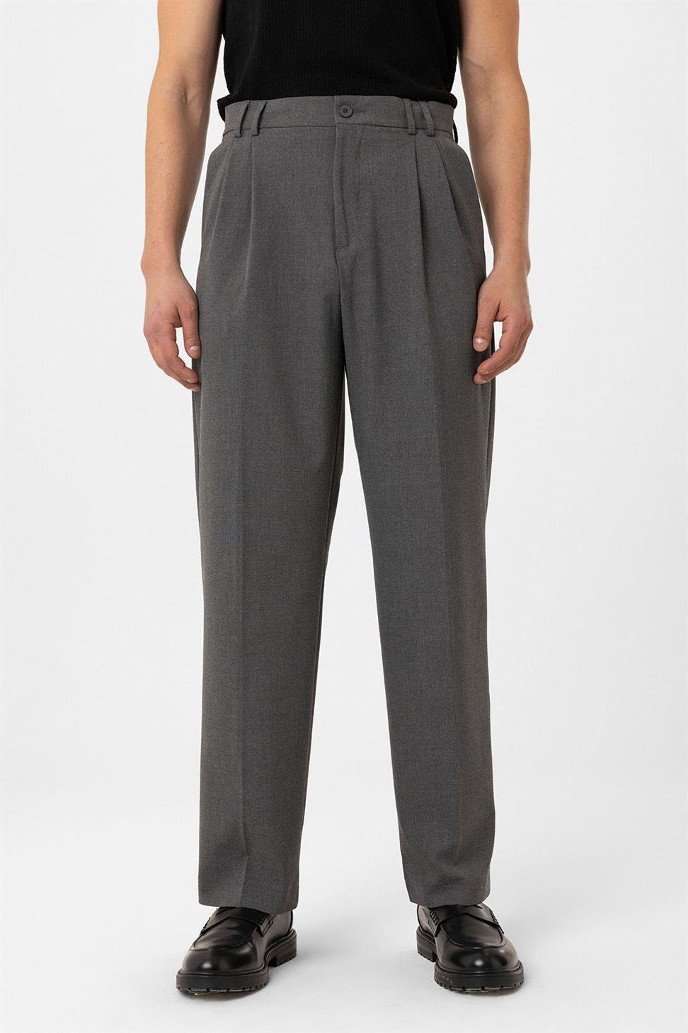 Antioch Gri Çift Pileli Baggy Fit Erkek Pantolon