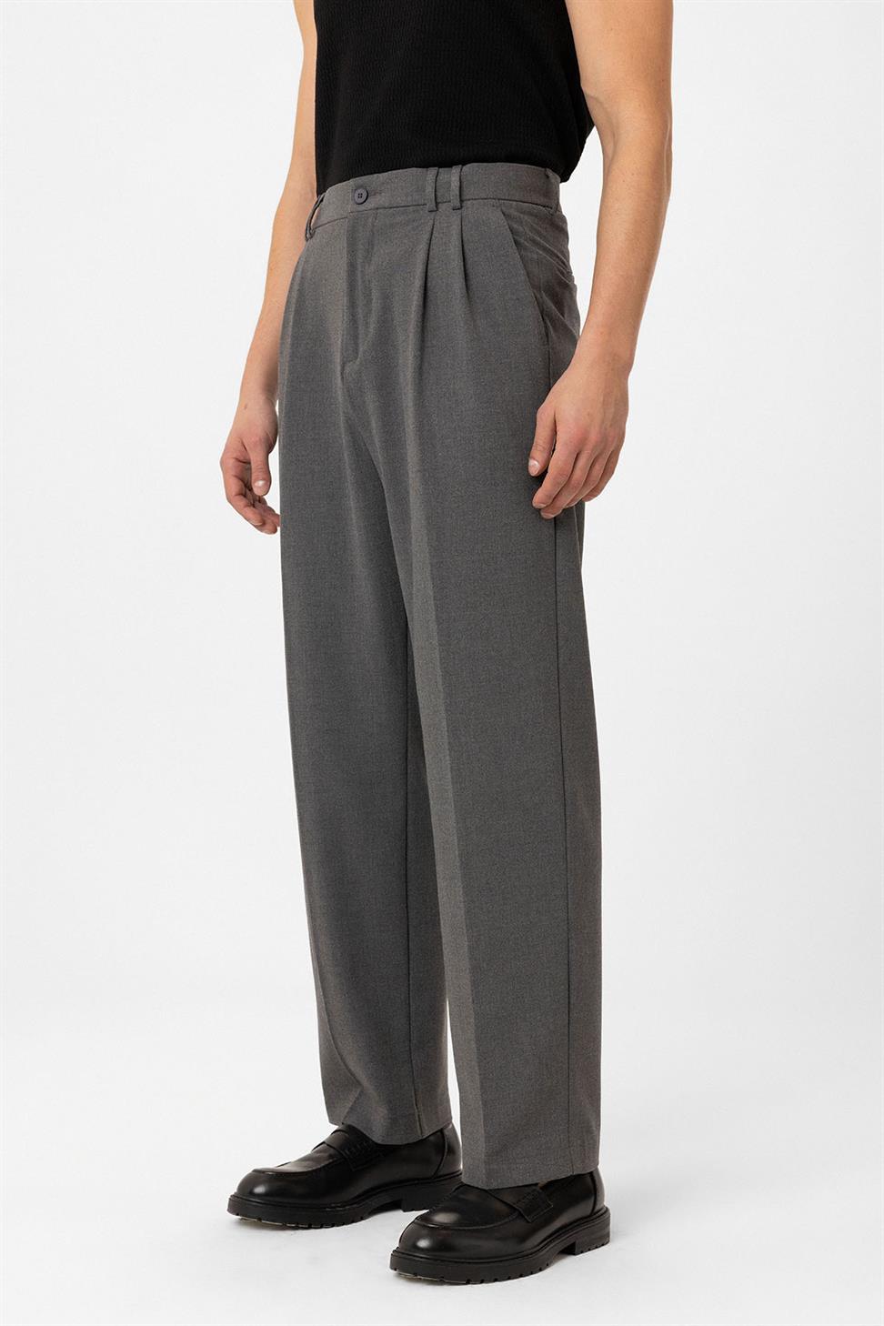 Antioch Gri Çift Pileli Baggy Fit Erkek Pantolon
