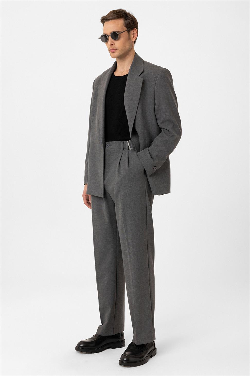 Antioch Gri Çift Pileli Baggy Fit Erkek Pantolon