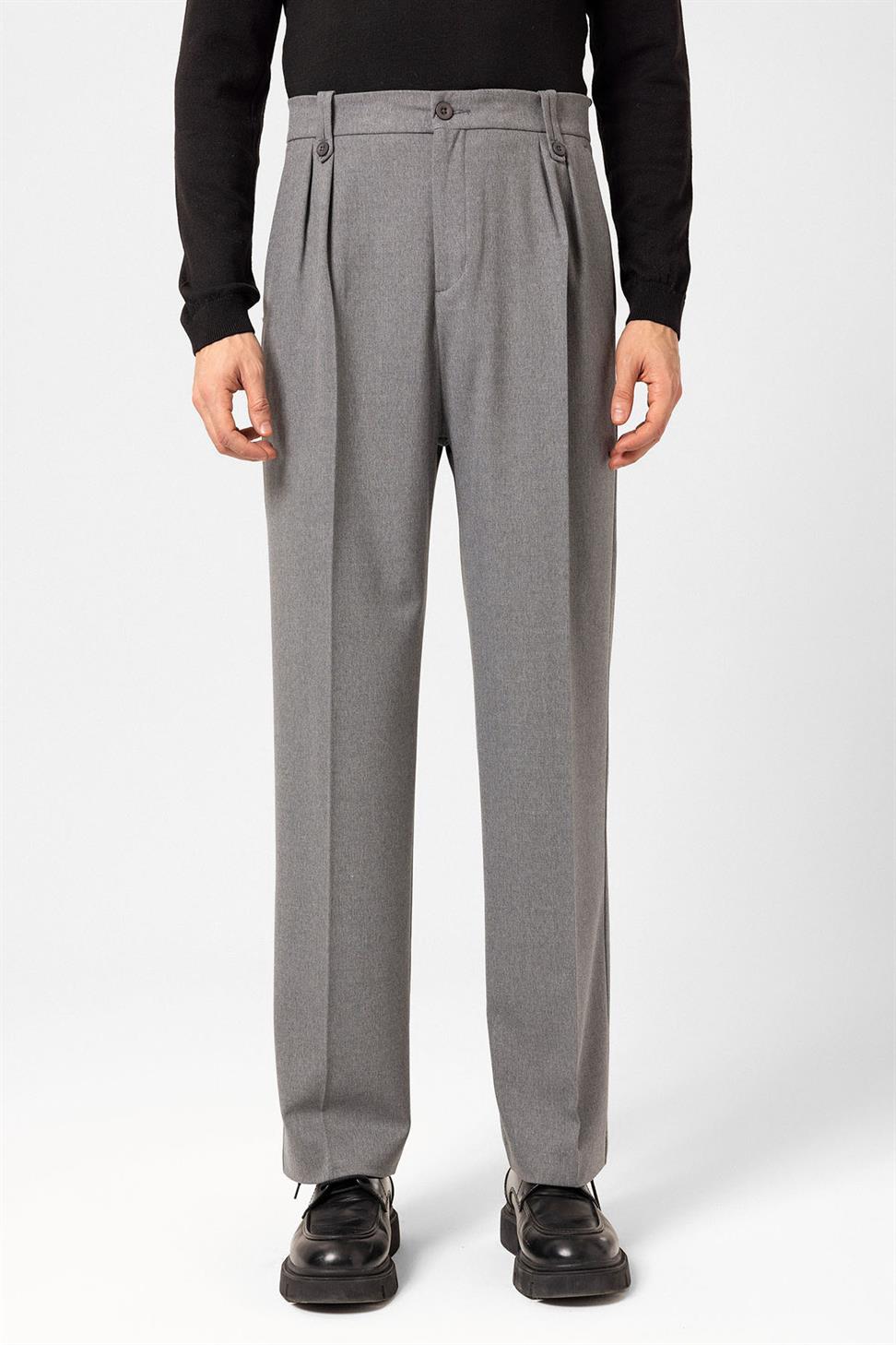 Antioch Gri Çift Pileli Yüksek Bel Erkek Pantolon