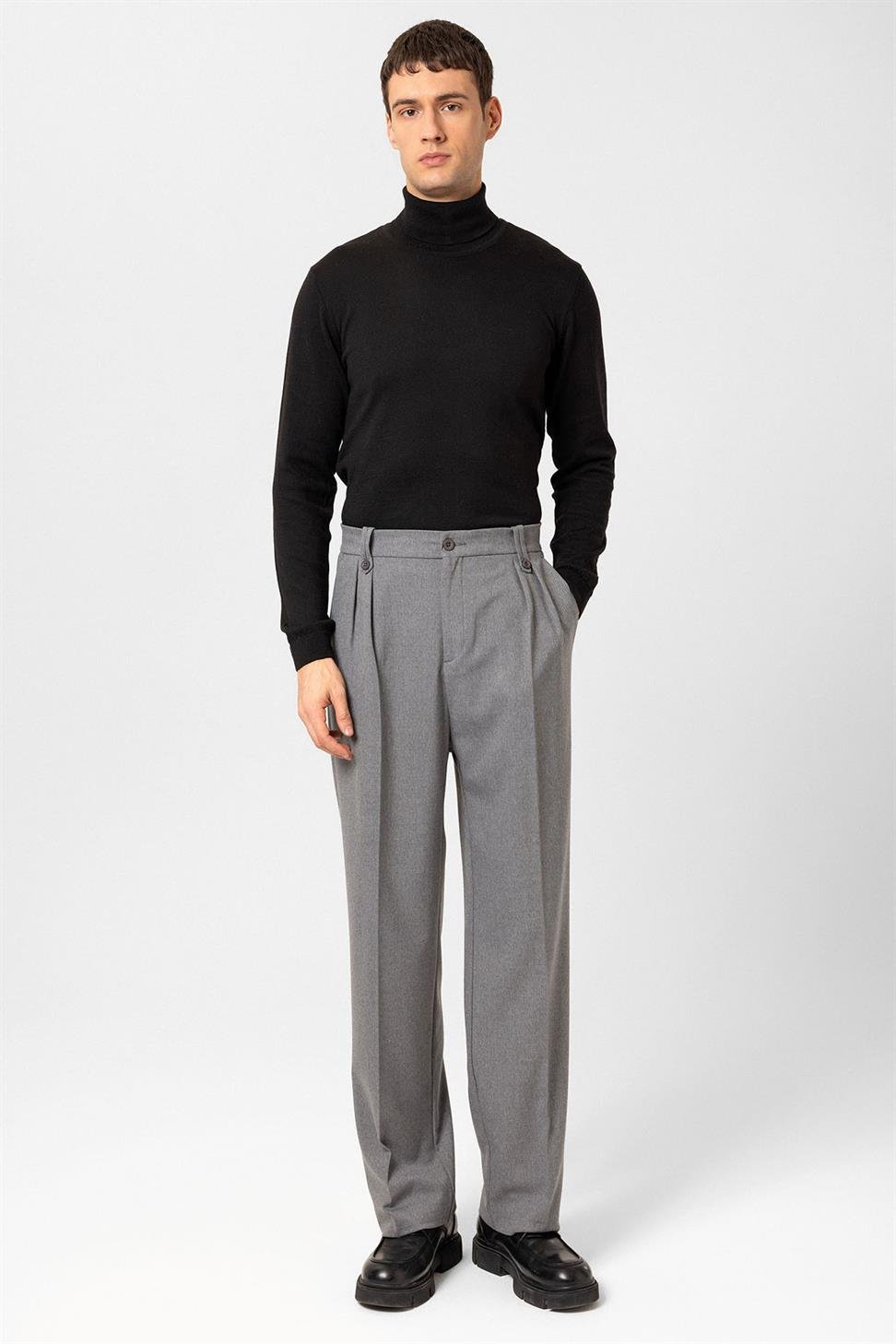 Antioch Gri Çift Pileli Yüksek Bel Erkek Pantolon