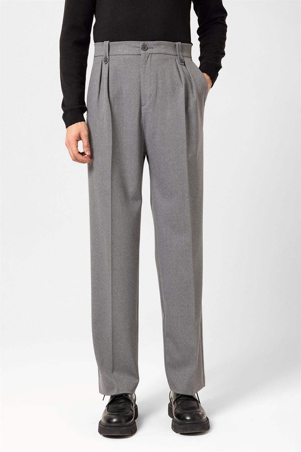 Antioch Gri Çift Pileli Yüksek Bel Erkek Pantolon
