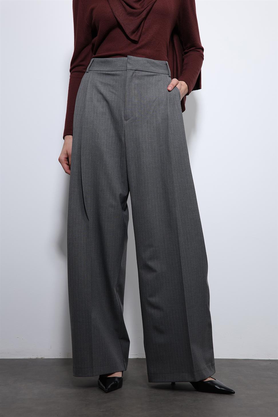 Antioch Gri Çizgili Geniş Paça Pantolon