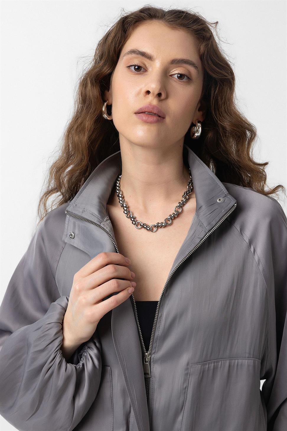 Antioch Gri Dik Yaka İnce Kadın Bomber Ceket