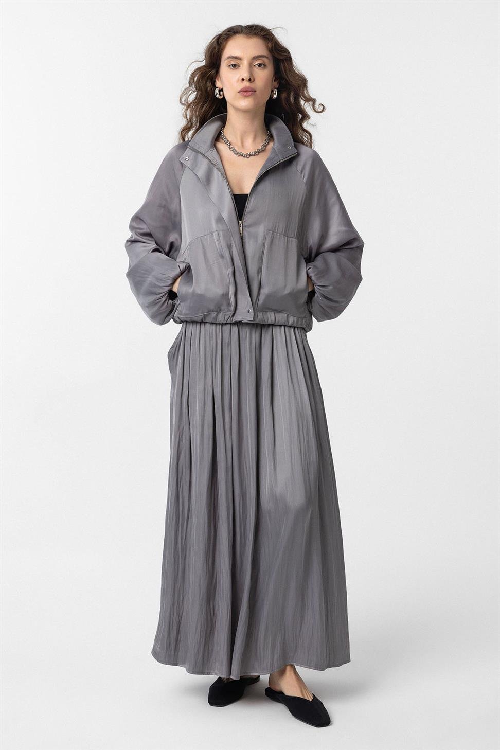 Antioch Gri Dik Yaka İnce Kadın Bomber Ceket