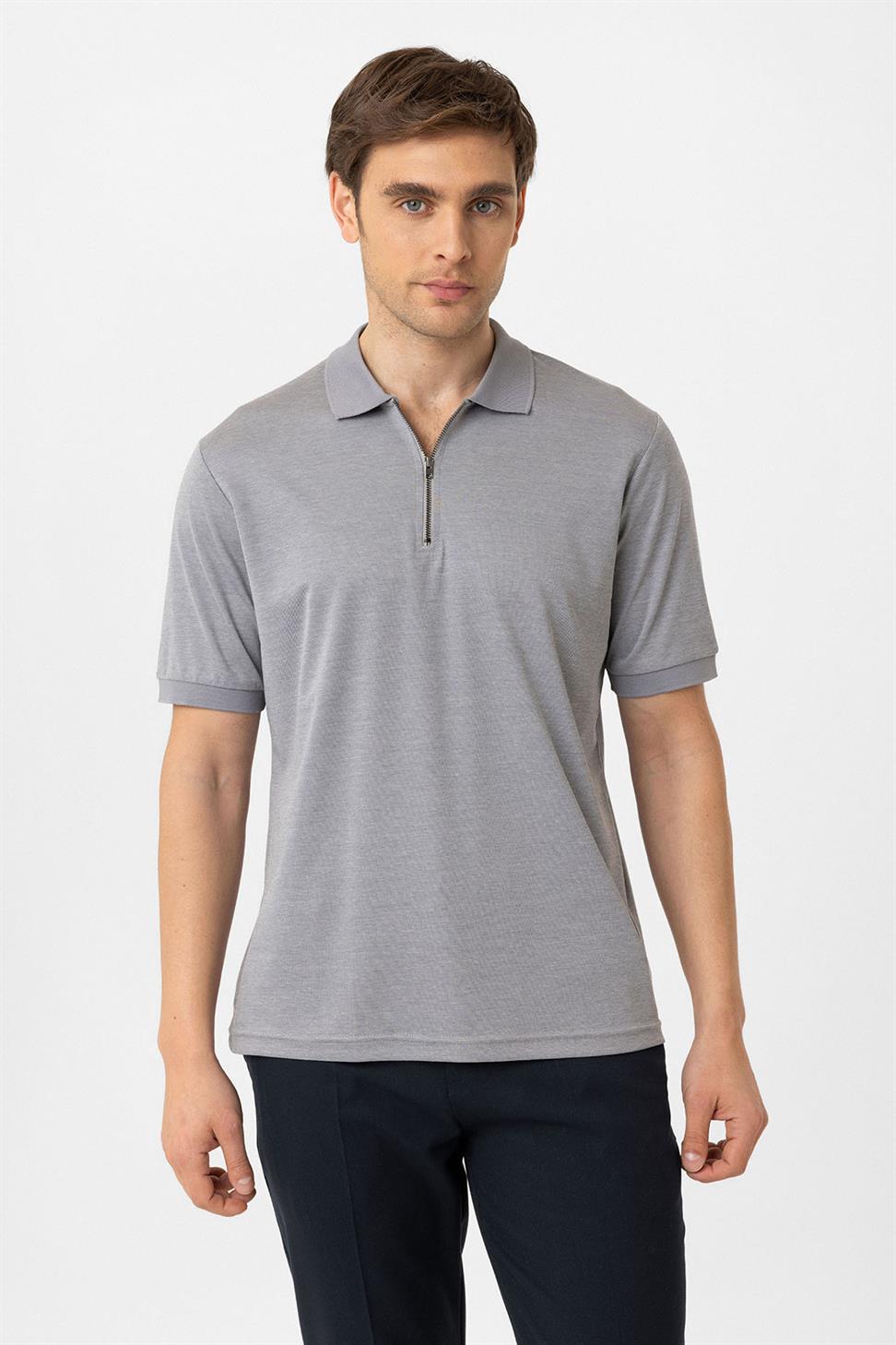Antioch Gri Fermuarlı Regular Fit Erkek T-Shirt