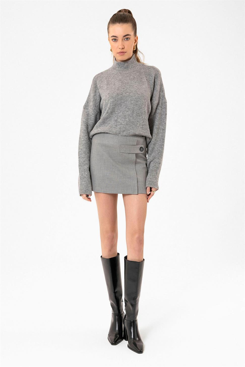 Antioch Gri Kadın Dik Yaka Dokulu Triko Kazak