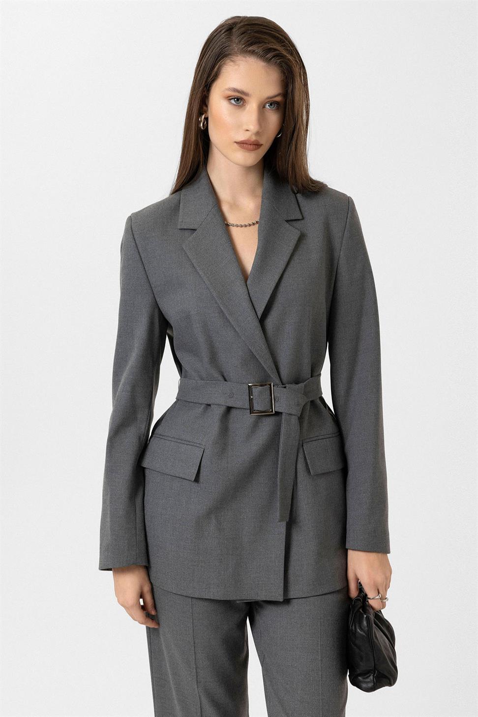 Antioch Gri Kadın Kemerli Blazer Ceket
