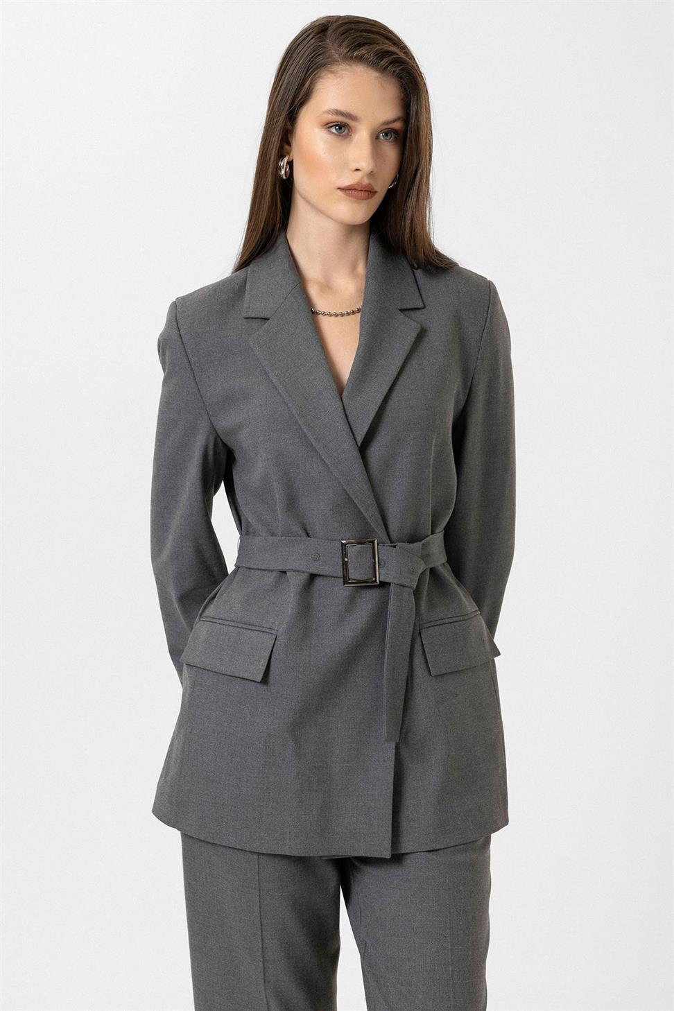 Antioch Gri Kadın Kemerli Blazer Ceket