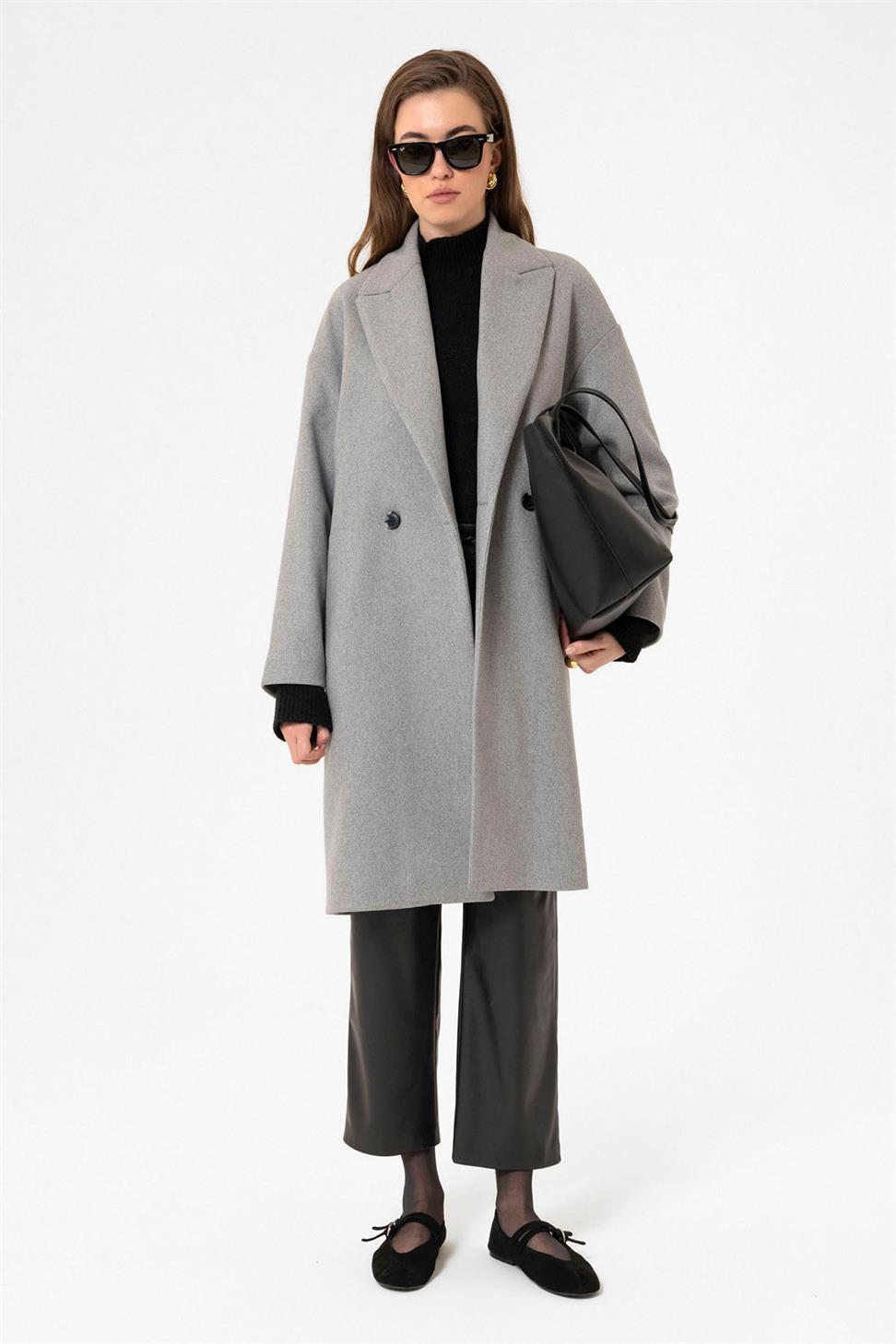 Antioch Gri Kadın Kruvaze Kapama Oversize Kaban