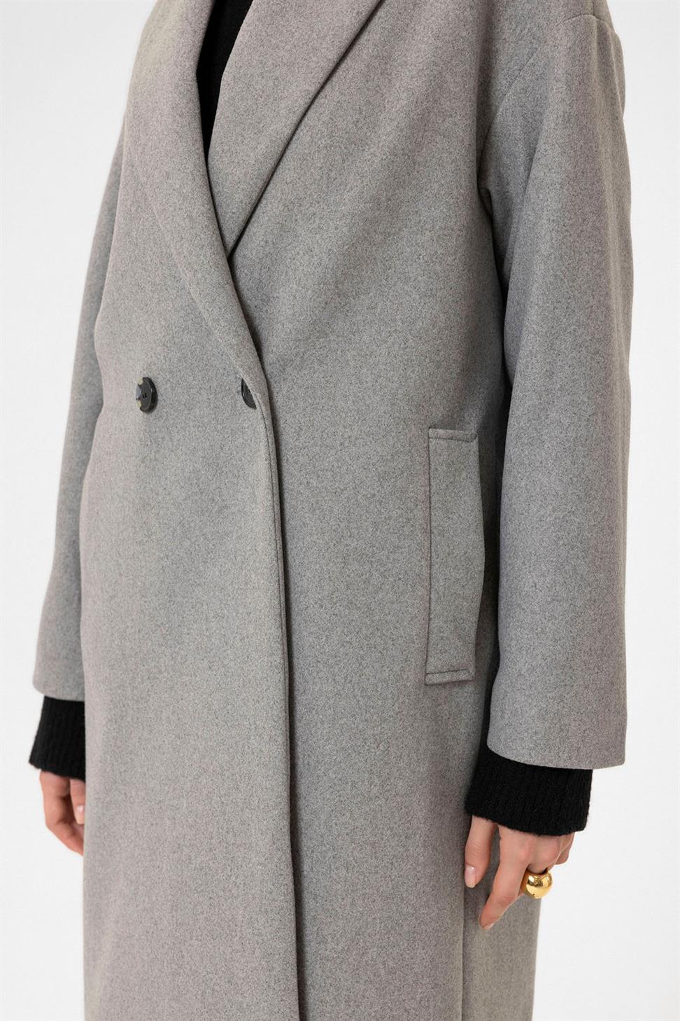 Antioch Gri Kadın Kruvaze Kapama Oversize Kaban