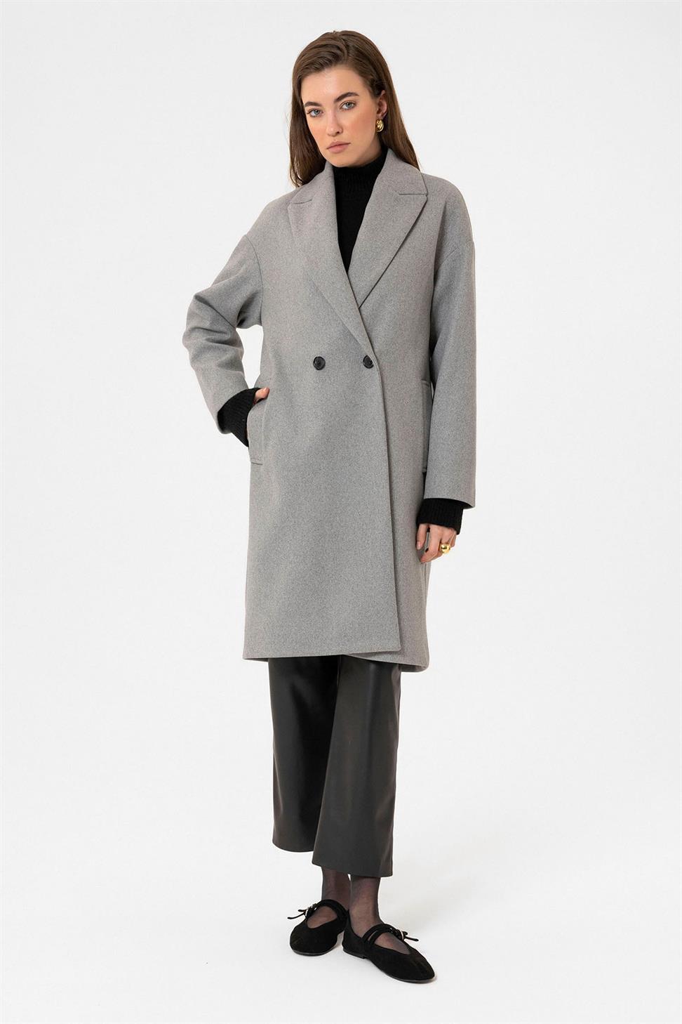 Antioch Gri Kadın Kruvaze Kapama Oversize Kaban