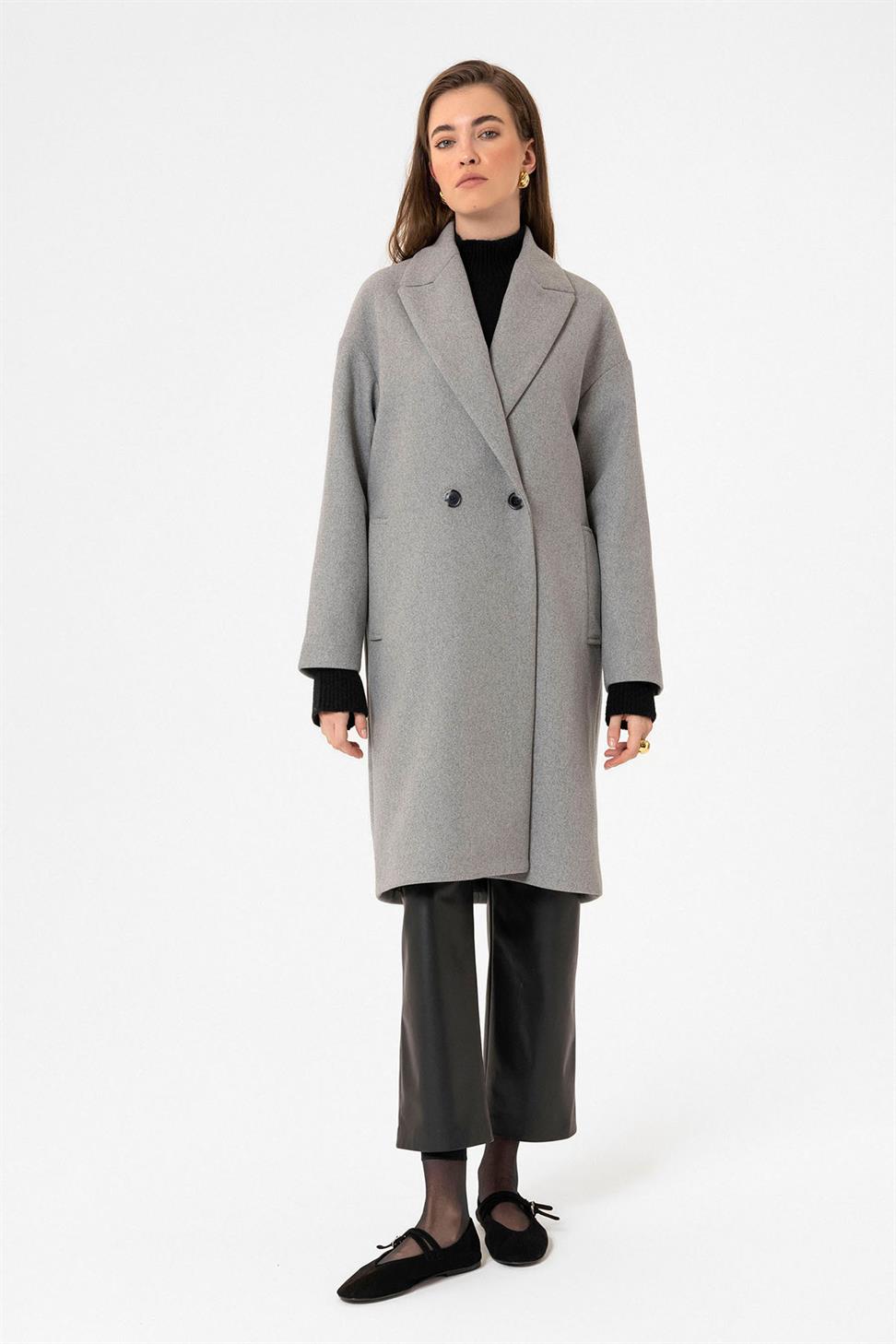 Antioch Gri Kadın Kruvaze Kapama Oversize Kaban