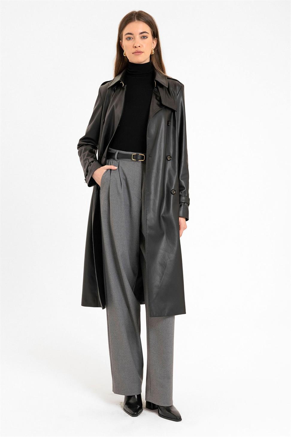 Antioch Gri Kadın Yüksek Bel Pens Detaylı Straight Fit Pantolon