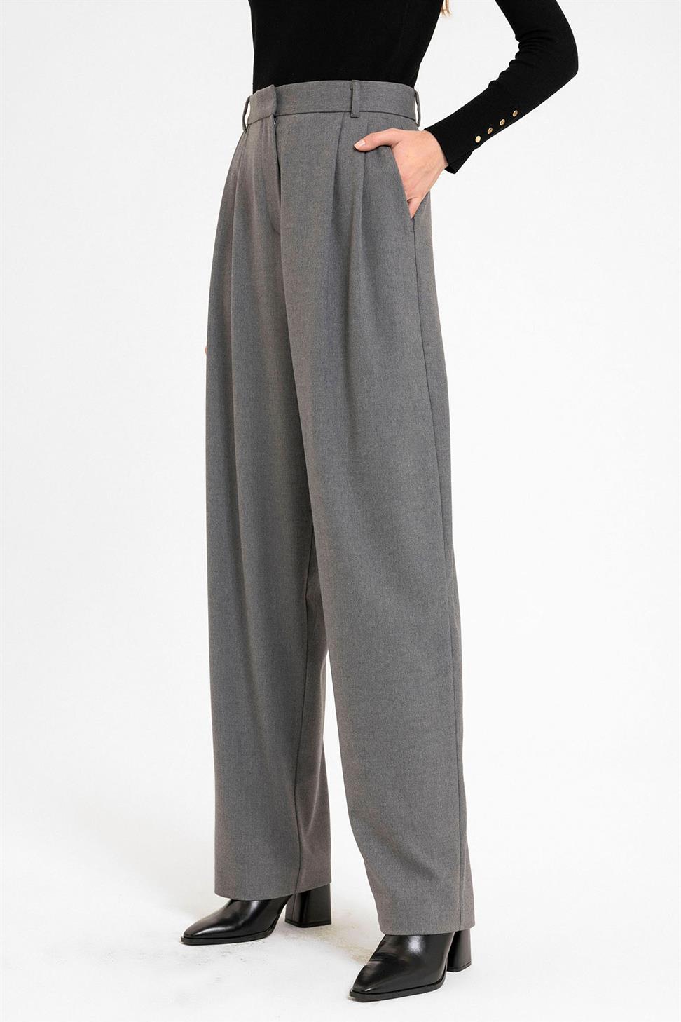 Antioch Gri Kadın Yüksek Bel Pens Detaylı Straight Fit Pantolon