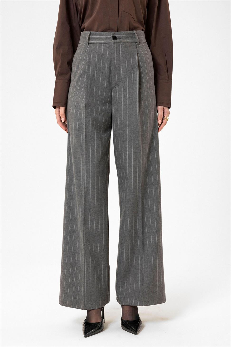 Antioch Gri Kadın Yüksek Bel Pileli Çizgili Pantolon
