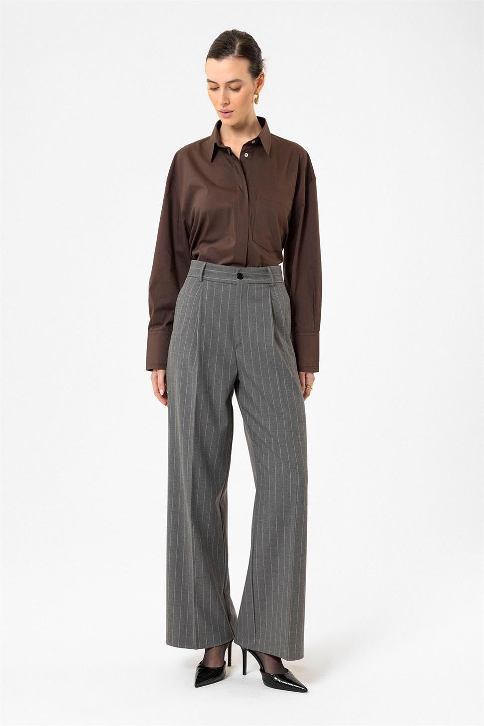 Antioch Gri Kadın Yüksek Bel Pileli Çizgili Pantolon