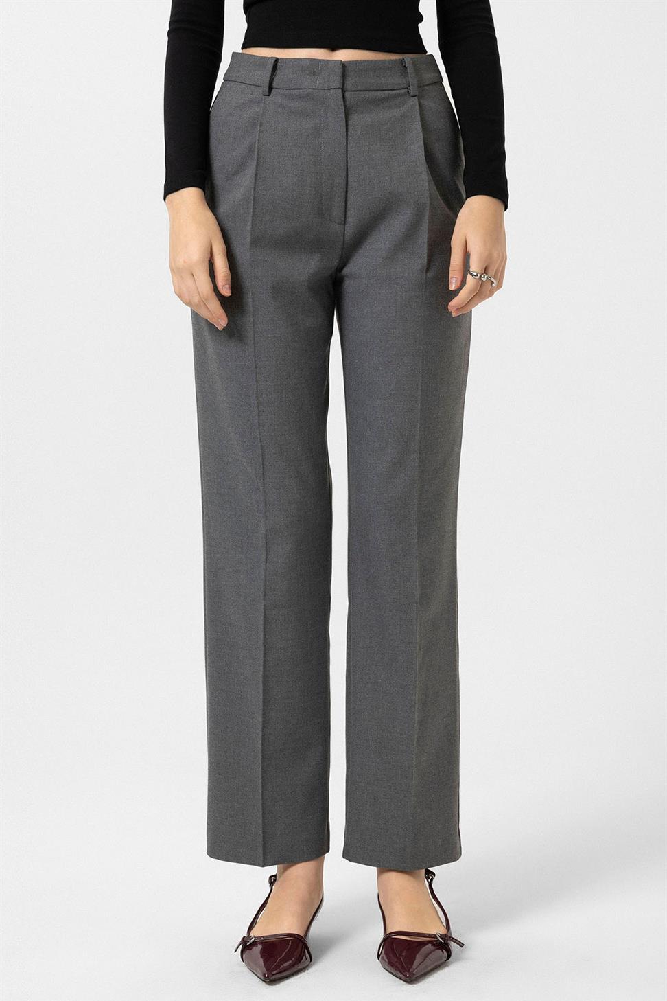 Antioch Gri Kadın Yüksek Bel Pileli Pantolon