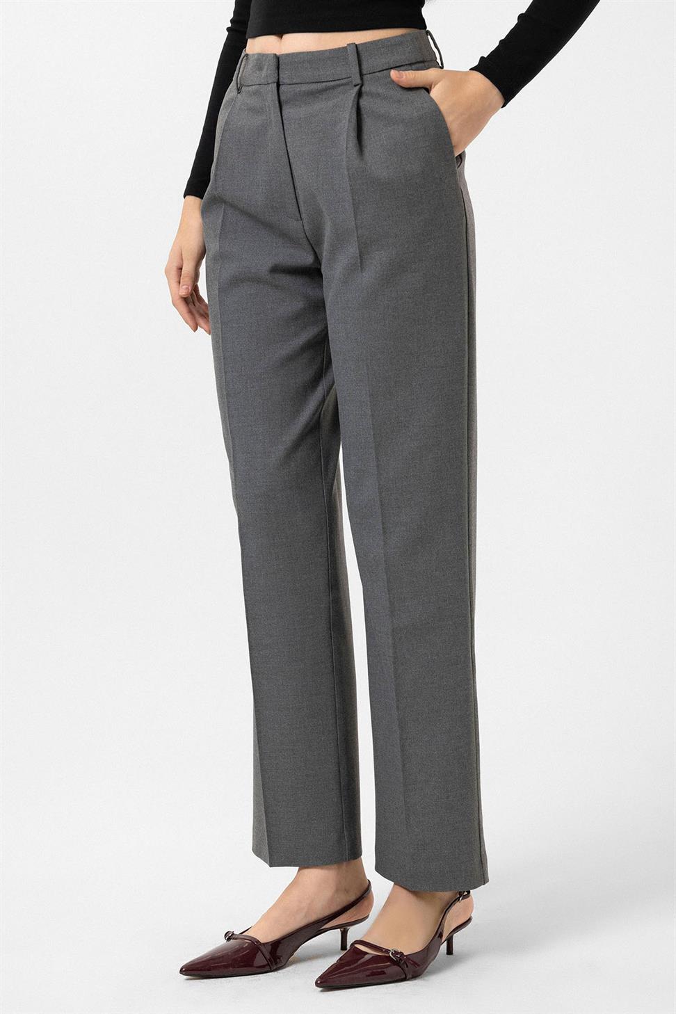 Antioch Gri Kadın Yüksek Bel Pileli Pantolon