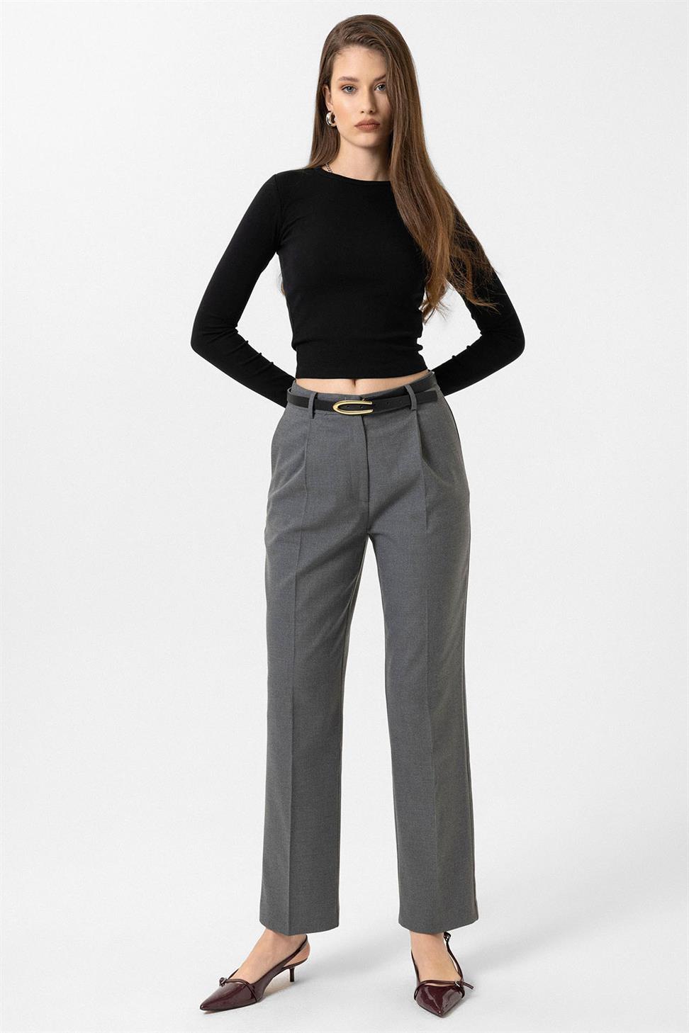 Antioch Gri Kadın Yüksek Bel Pileli Pantolon