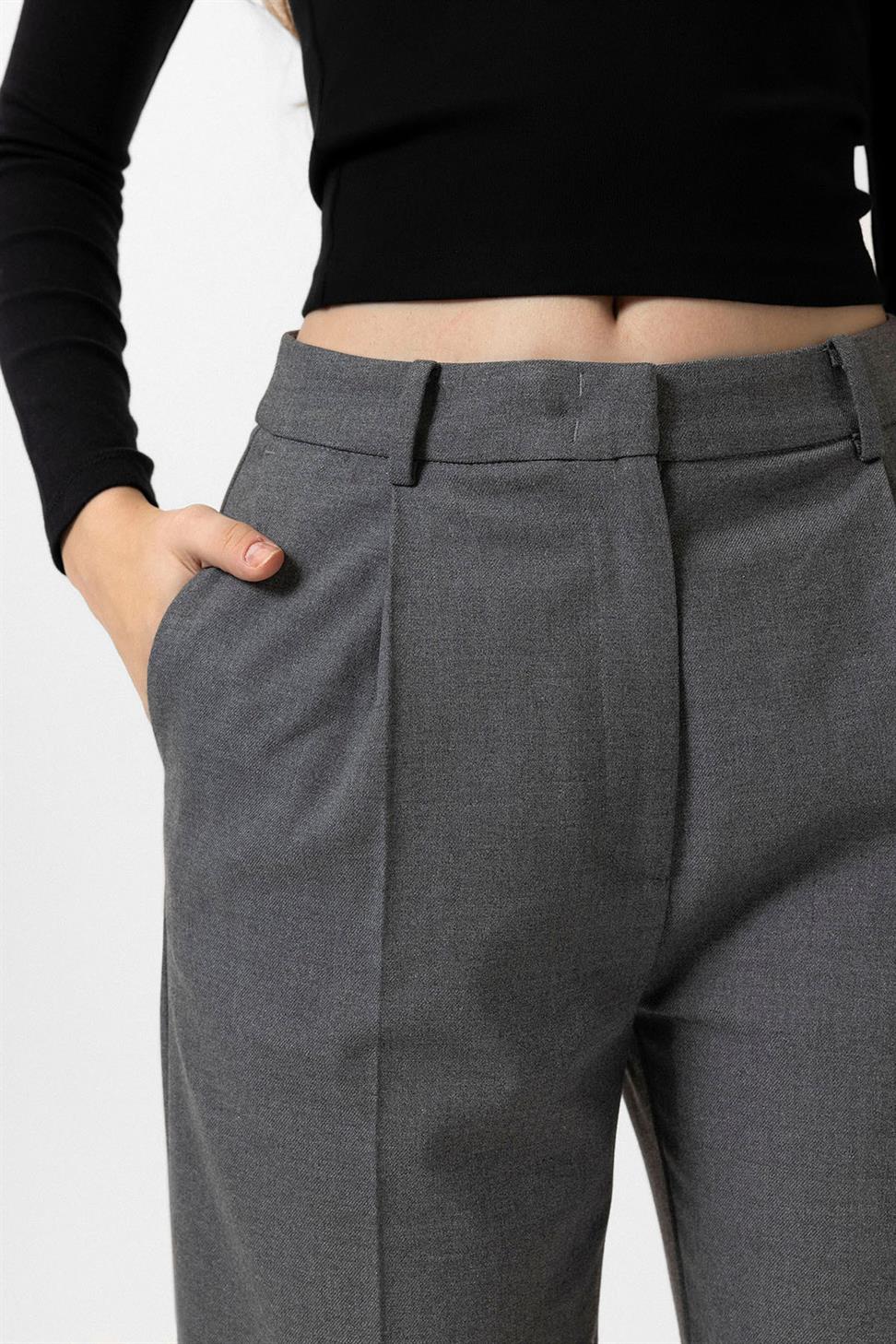 Antioch Gri Kadın Yüksek Bel Pileli Pantolon