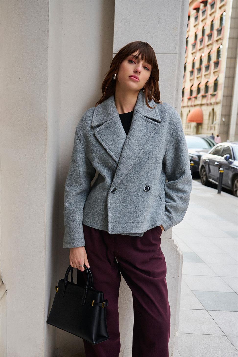 Antioch Gri Kadın Yün Karışımlı Kruvaze Kapama Mont