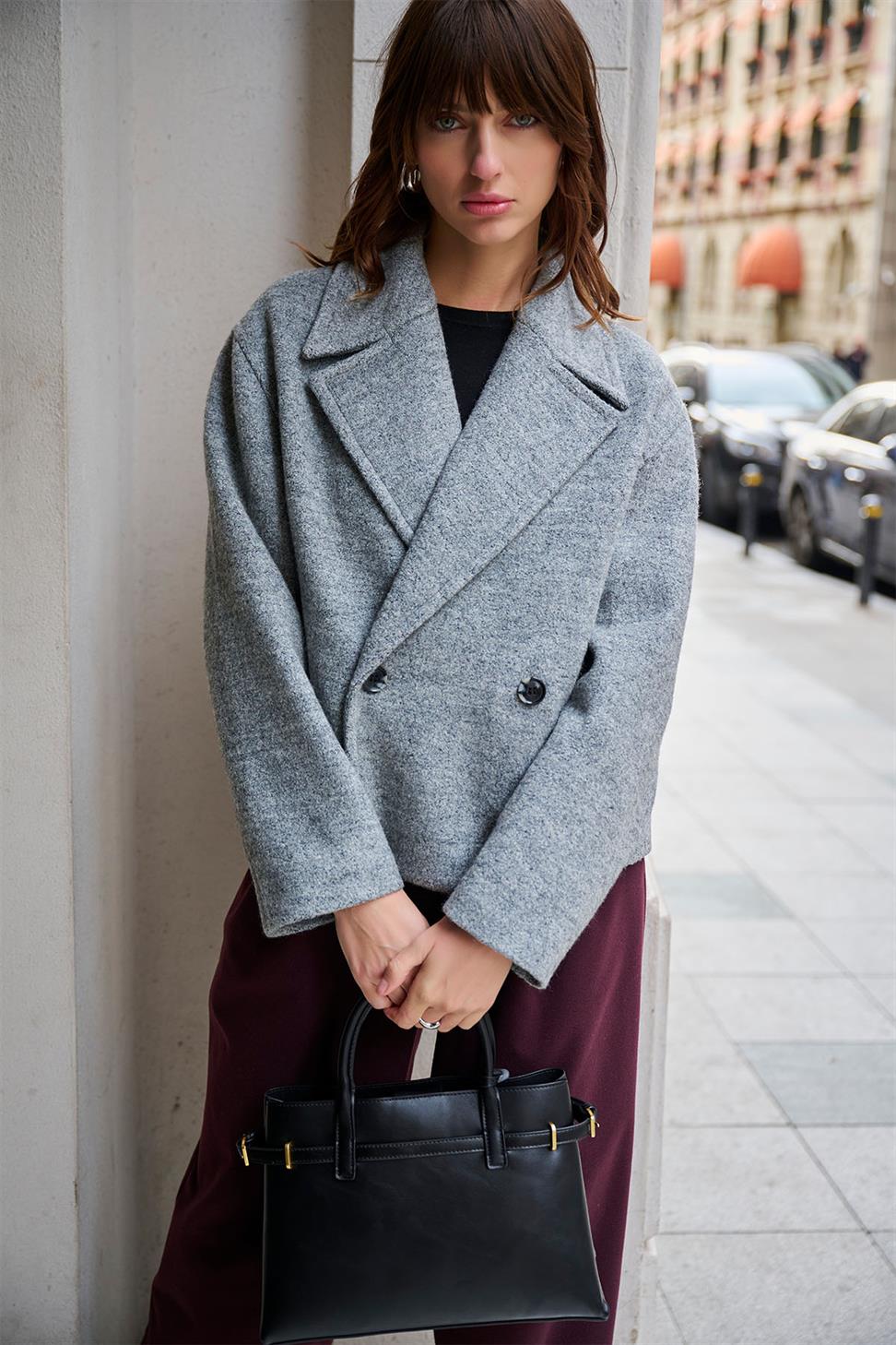 Antioch Gri Kadın Yün Karışımlı Kruvaze Kapama Mont