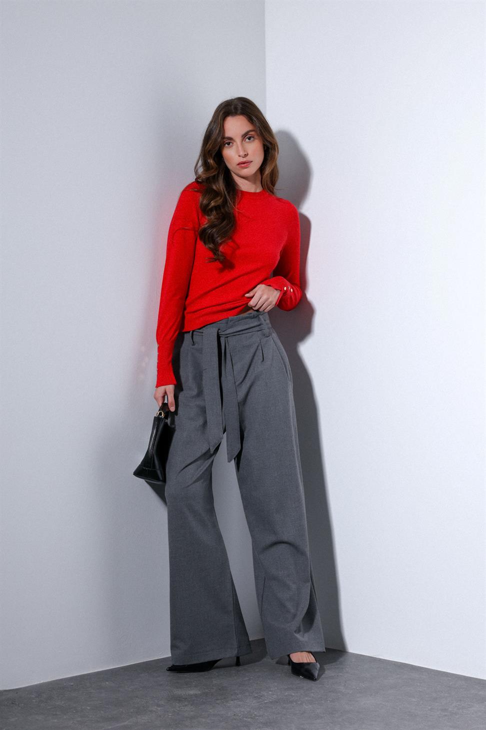 Antioch Gri Kemerli Pileli Geniş Kadın Pantolon