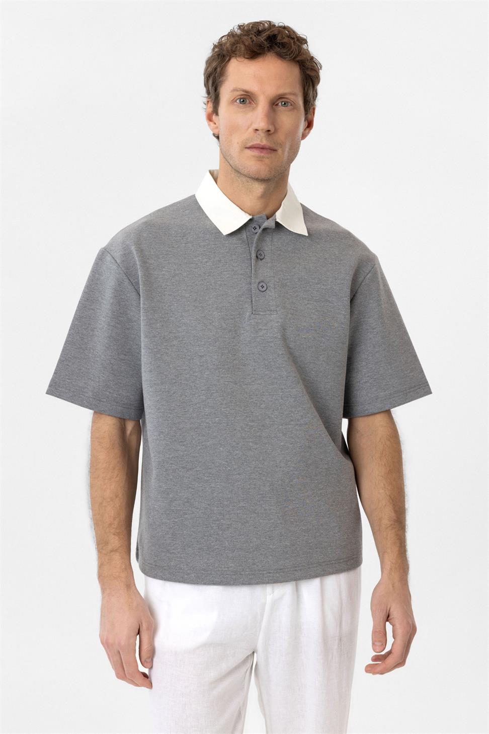 Antioch Gri Kontrast Yaka İnterlok Dokulu Erkek T-Shirt