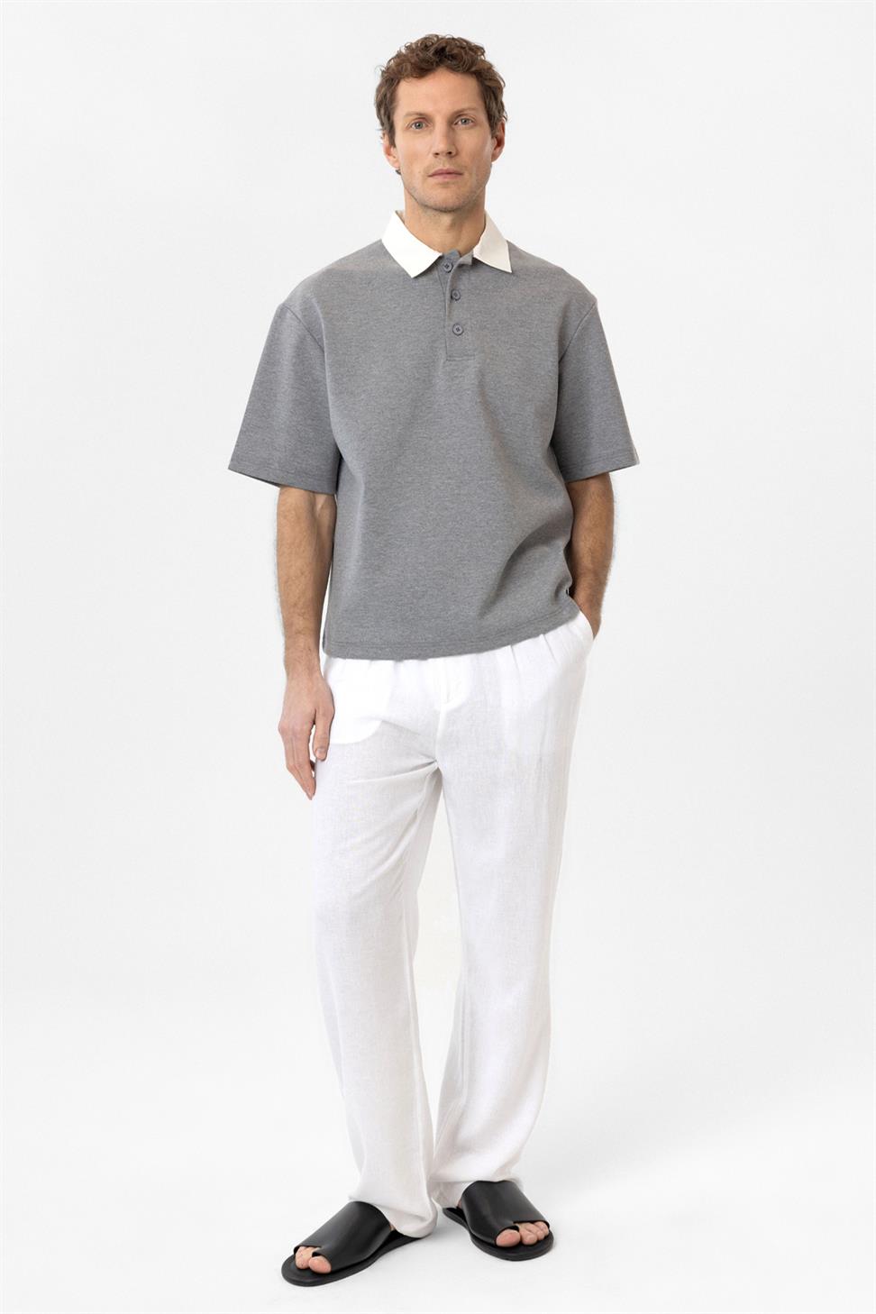 Antioch Gri Kontrast Yaka İnterlok Dokulu Erkek T-Shirt