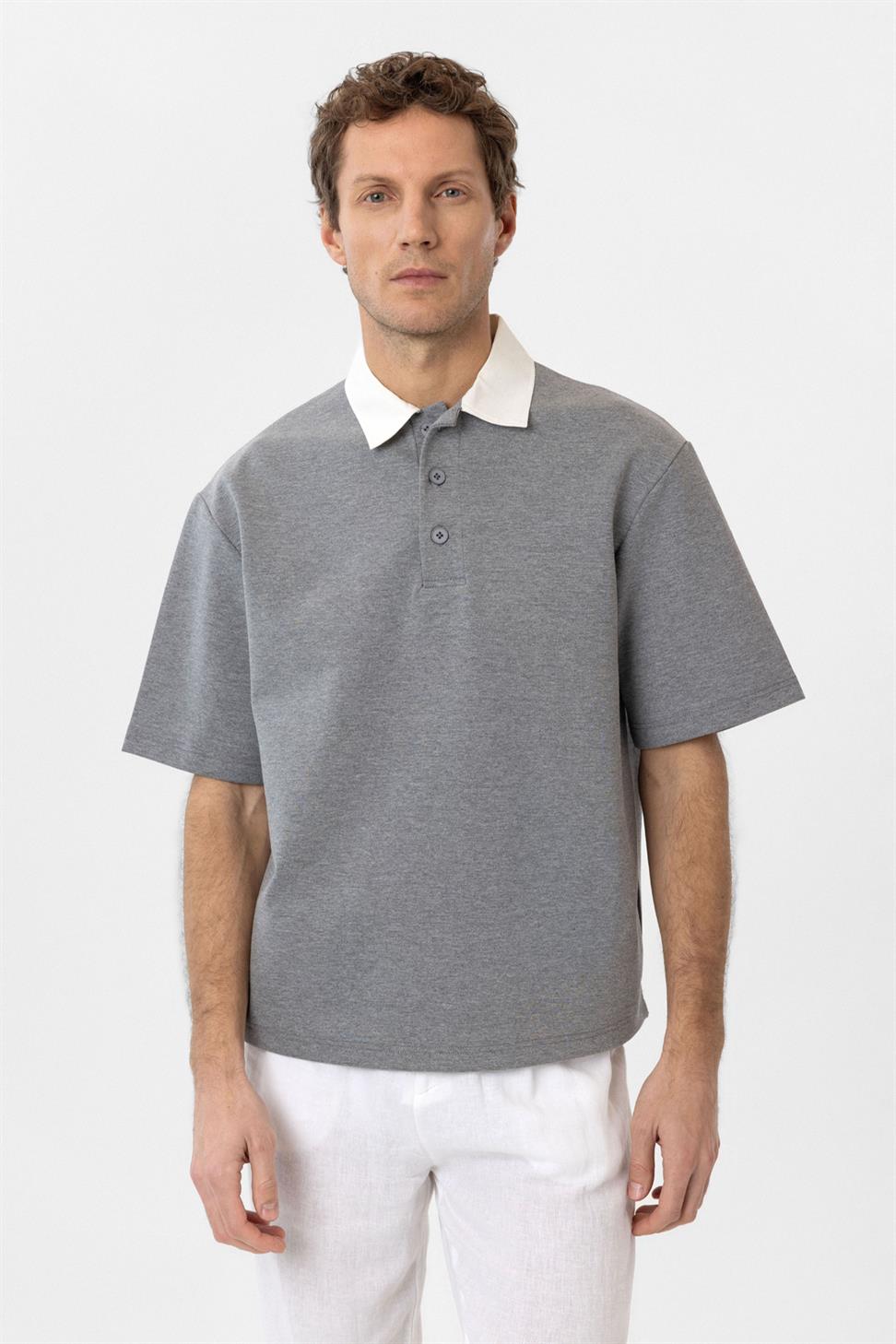 Antioch Gri Kontrast Yaka İnterlok Dokulu Erkek T-Shirt