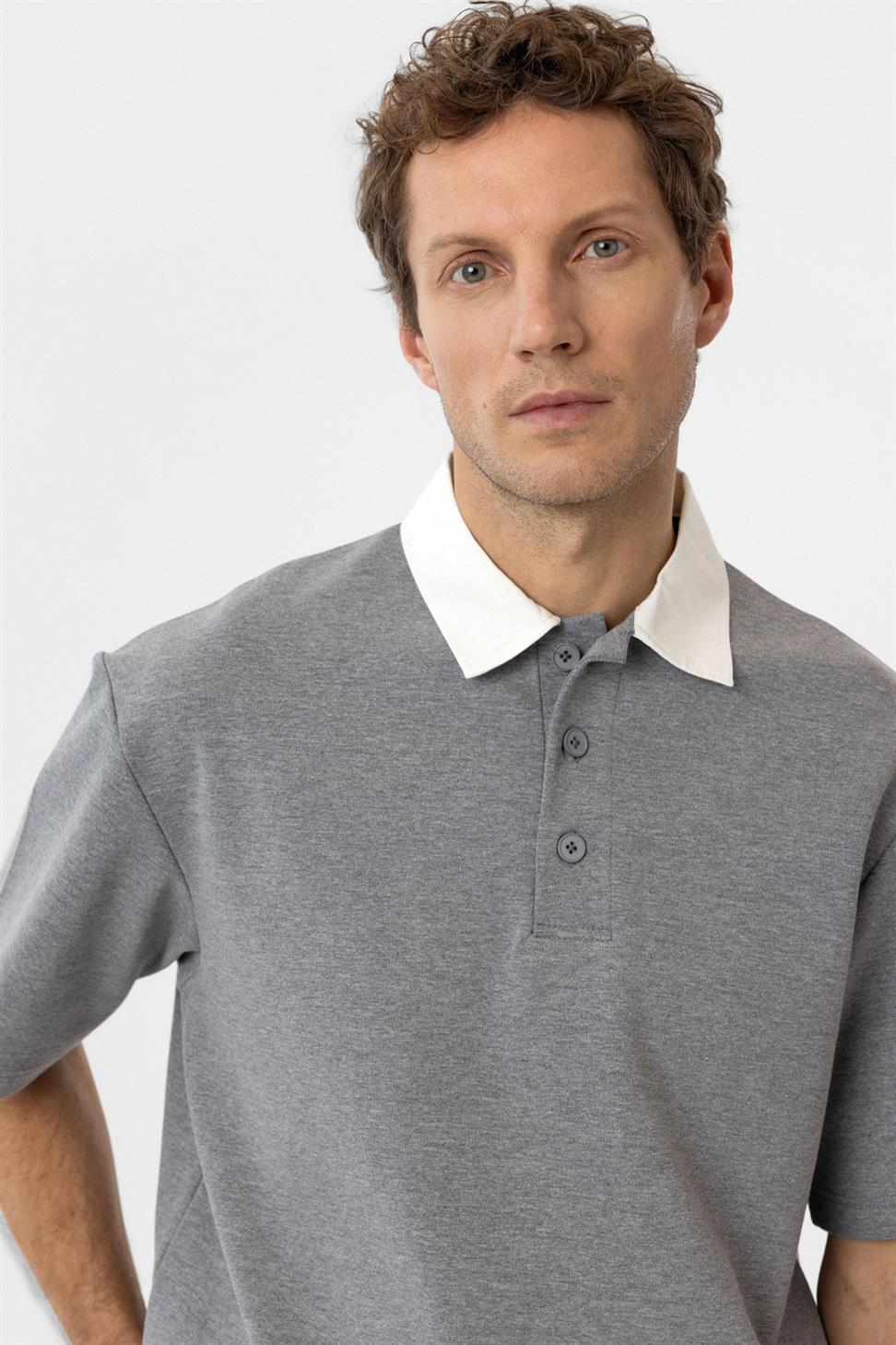 Antioch Gri Kontrast Yaka İnterlok Dokulu Erkek T-Shirt