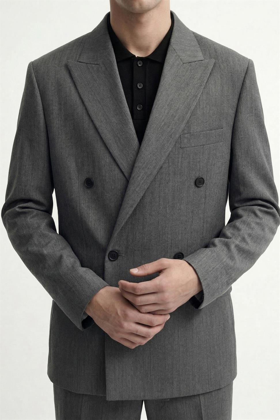 Antioch Gri Kruvaze Çizgili Erkek Takım Elbise