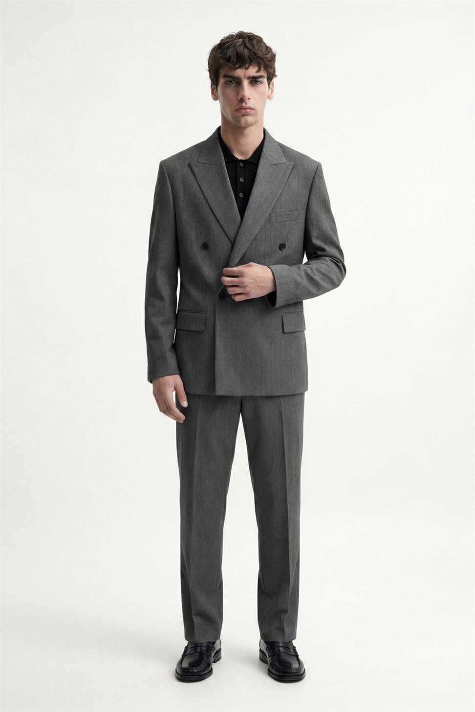 Antioch Gri Kruvaze Çizgili Erkek Takım Elbise