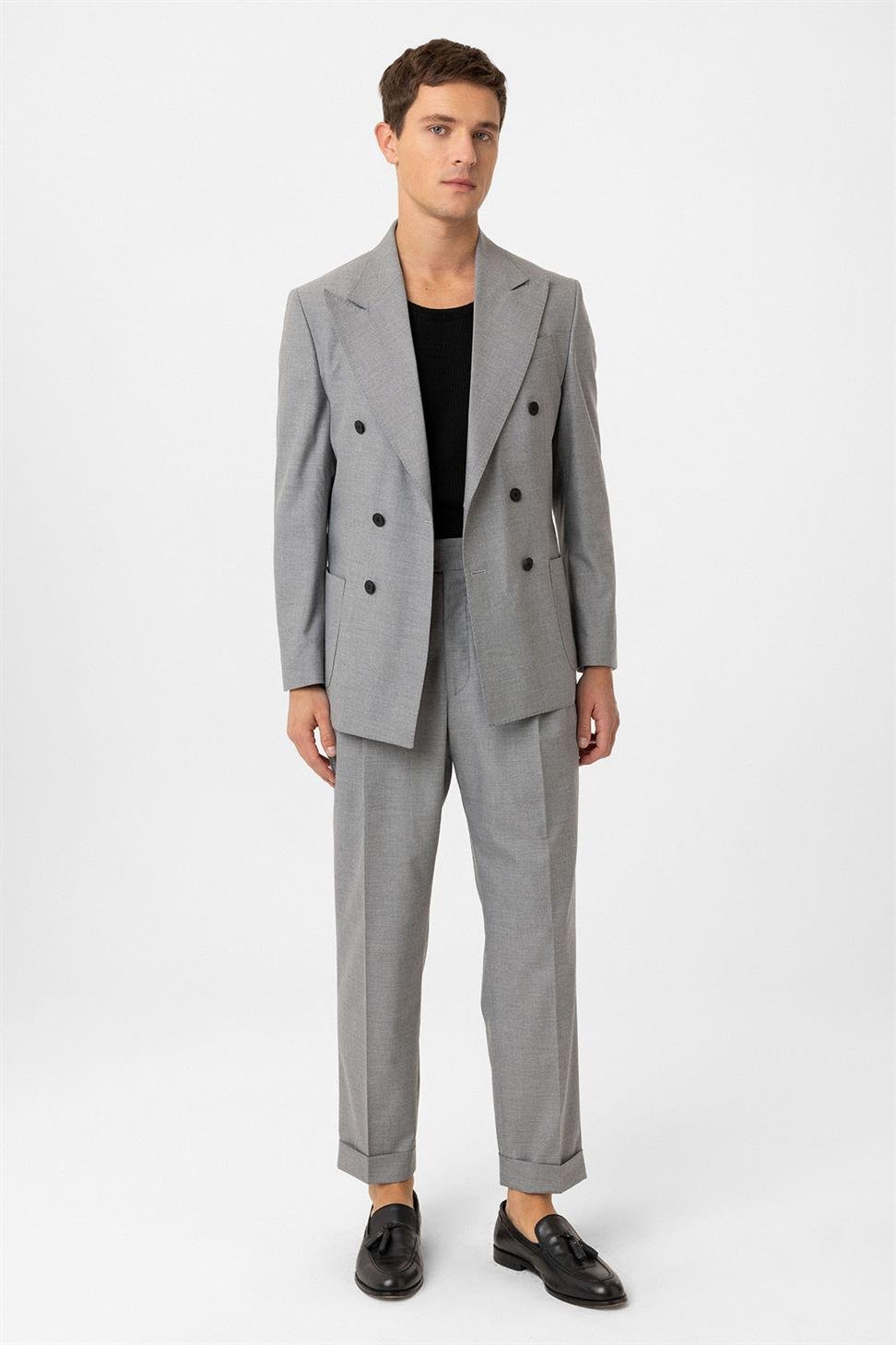 Antioch Gri Kruvaze Kapama İtalyan Kesim Erkek Takım