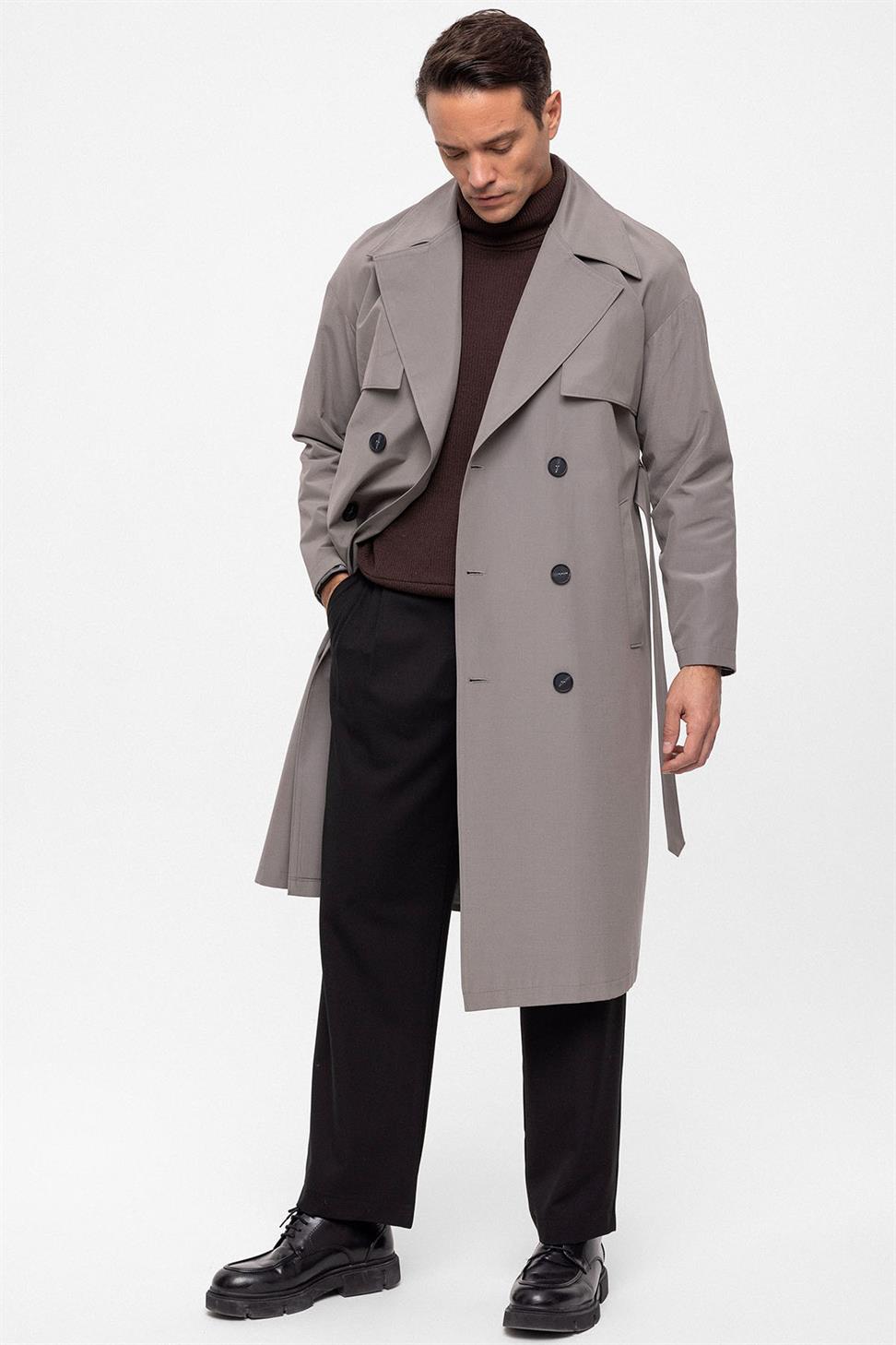 Antioch Gri Kruvaze Kapama Kemerli Trençkot