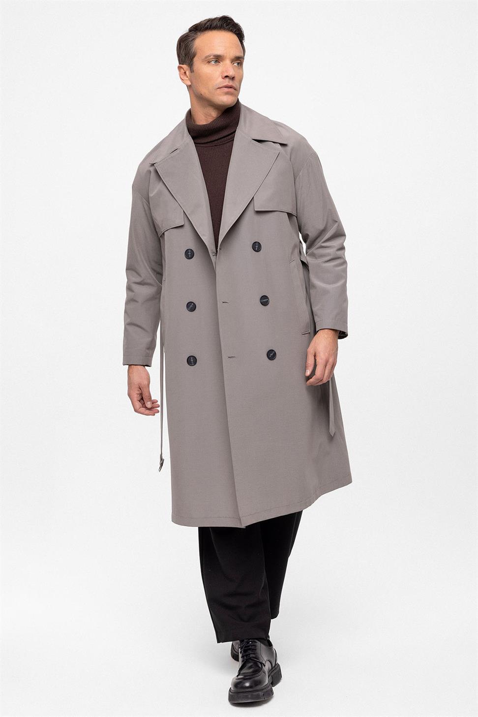 Antioch Gri Kruvaze Kapama Kemerli Trençkot