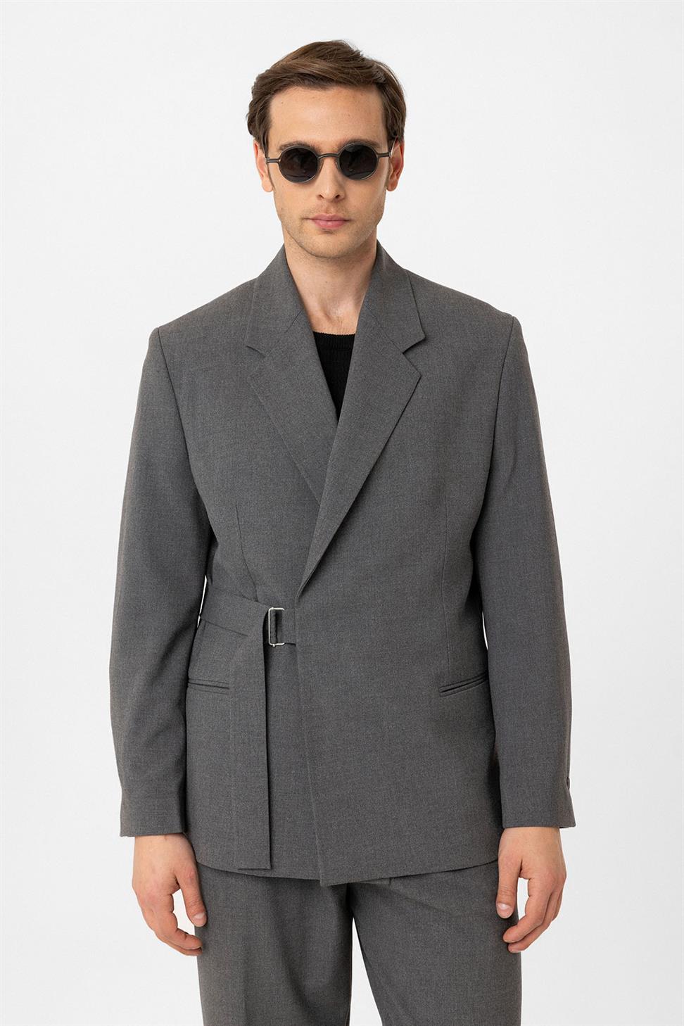 Antioch Gri Kuşaklı Relax Fit Erkek Blazer Ceket