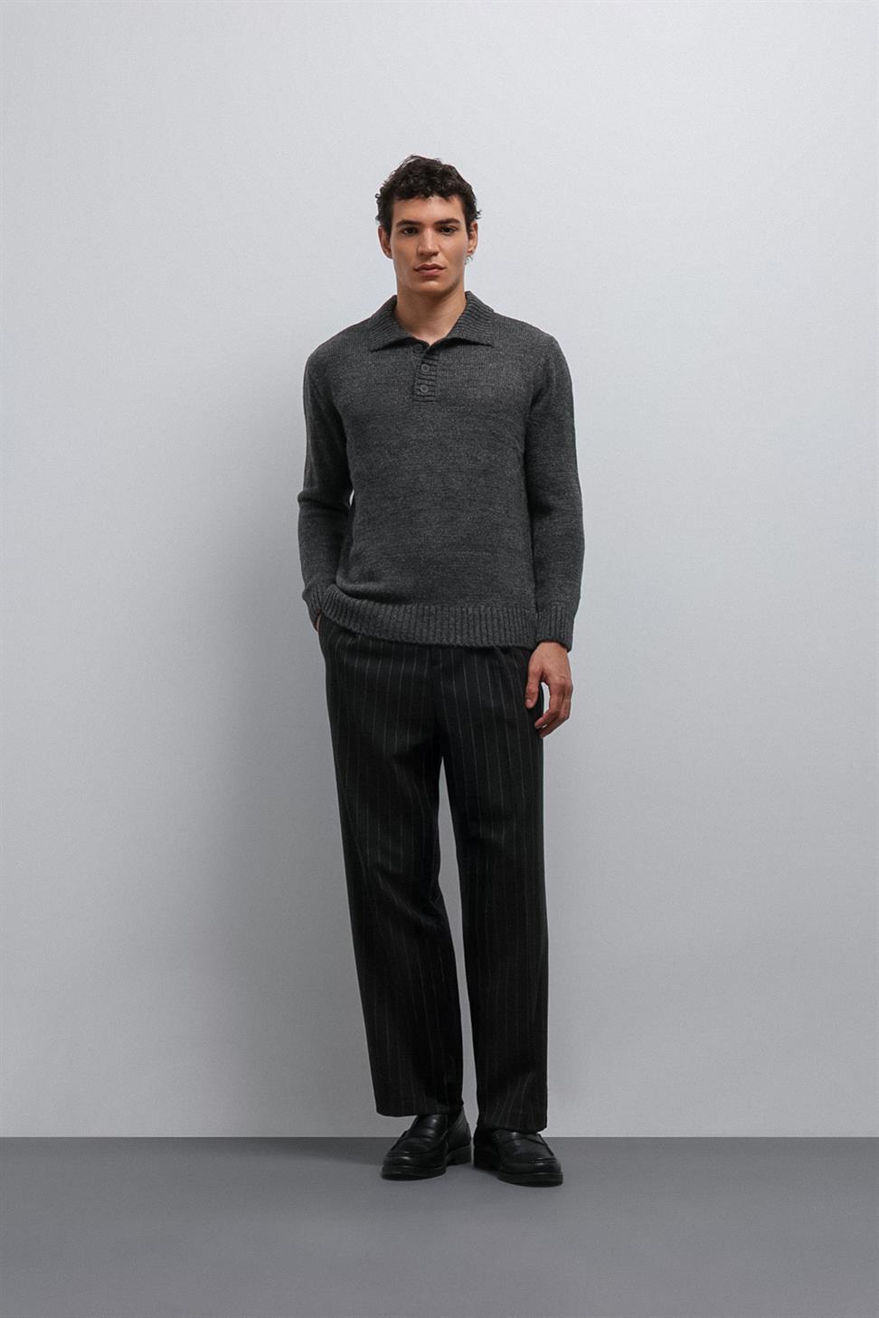 Antioch Gri Melanj Düğmeli Yaka Erkek Kazak