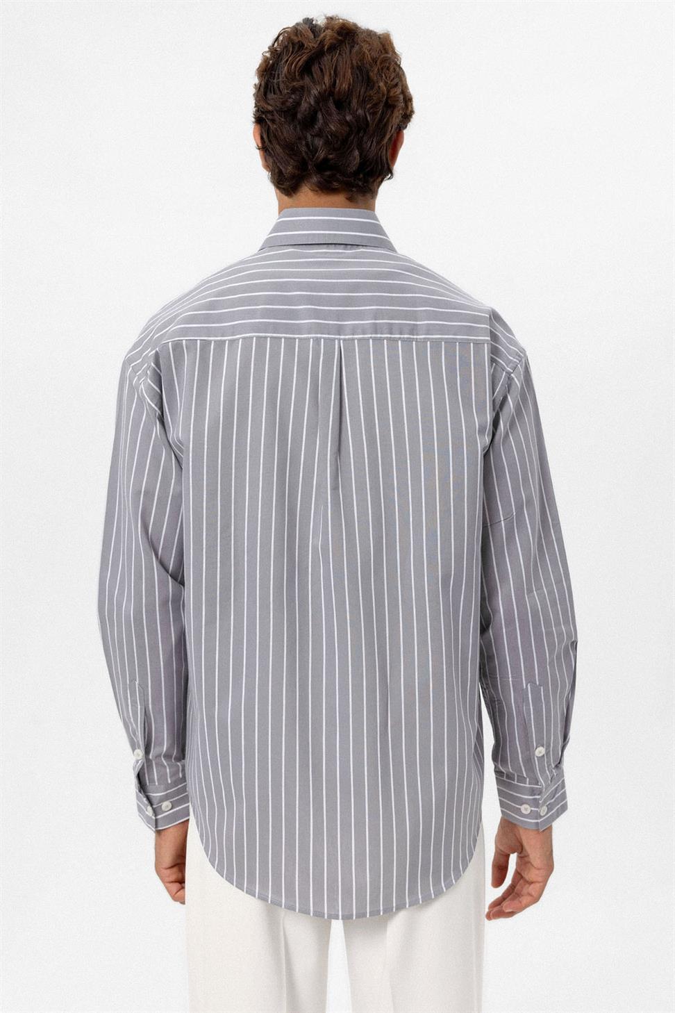 Antioch Gri Oversize Çizgili Erkek Gömlek